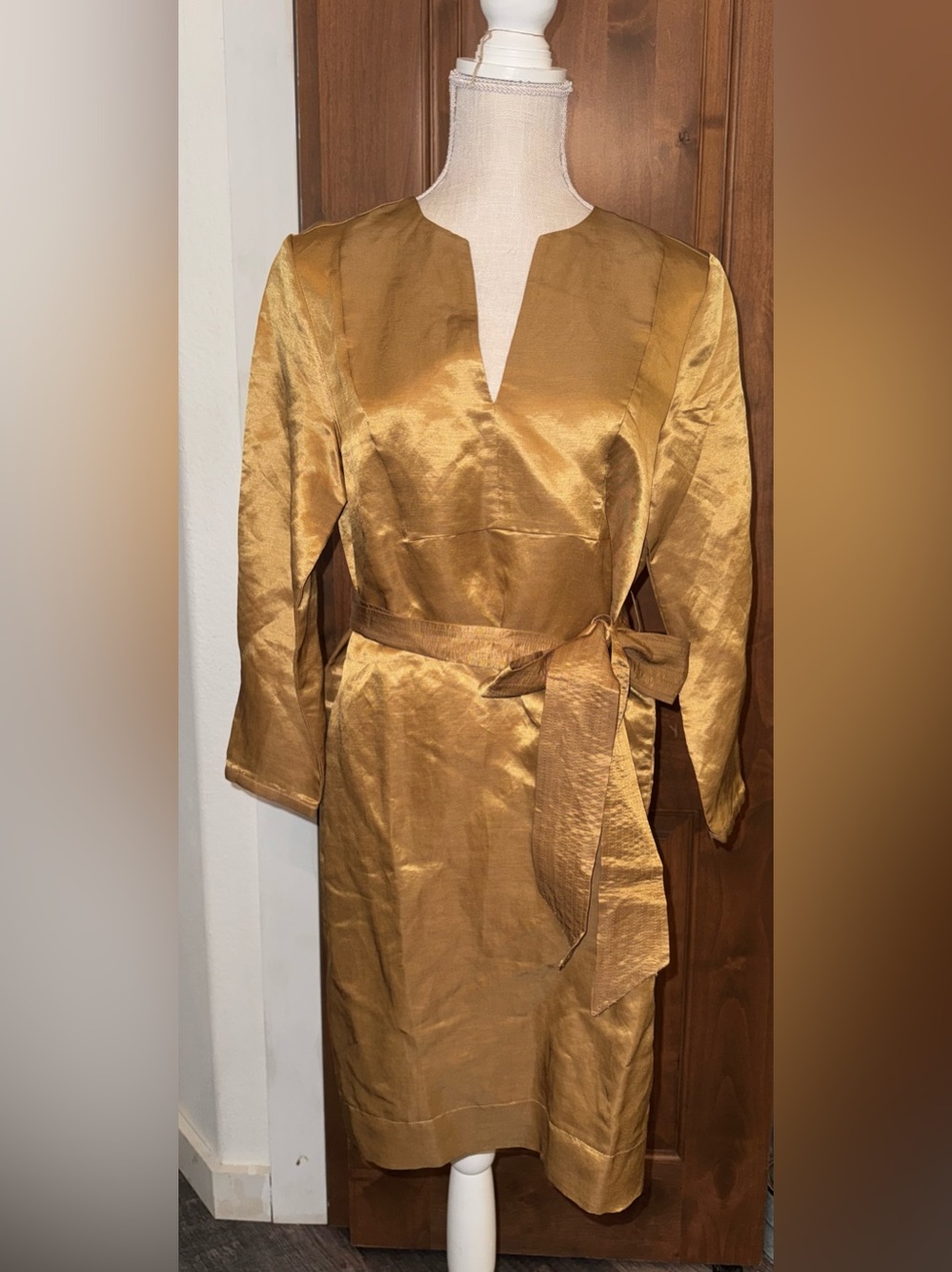 J. CREW Belted Linen Cupro Shift Dress Sz S NWT Gold Shimmer V-Neck Pullover
